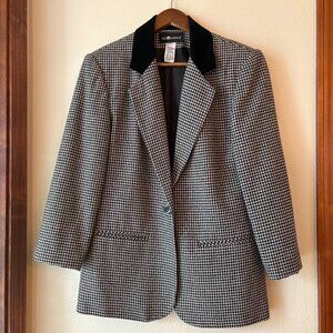 EUC VTG Sag Harbor Wool Blend Houndstooth Blazer Black White Old Money Size 8
